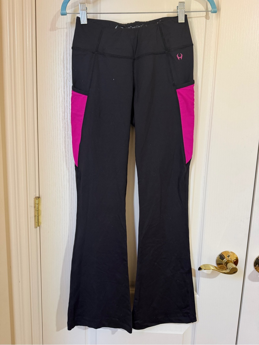 Women’s Black Flaired Yoga Pants with Pink Side Panels